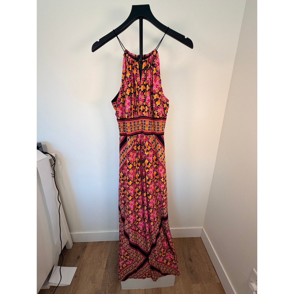 Roz & Ali Women Pink Orange Geometric Floral Halter Neck Maxi Bohemian Dress